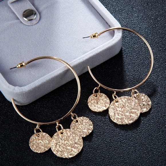 Gold 3/4 Hoops w/3 Dangling Discs Earrings - Picture 5 of 7